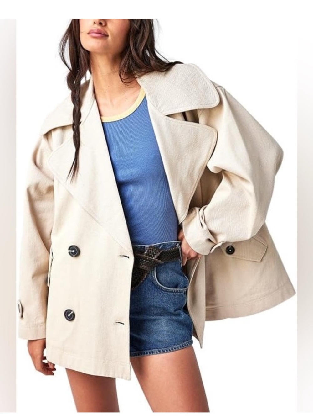 Free People Cream Oversized Double-Breasted Pea Coat